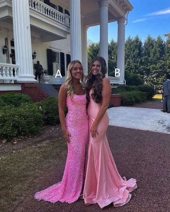 Friends and Family Sale Sparkly Mermaid Scoop Neck Pink Sequin Long Prom Dresses,DS4119