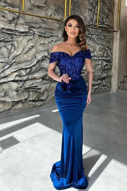 Don't Wait Classy Blue Sequins Sweetheart Off-the-shoulder Floor-length Column Prom Dresses,F04791