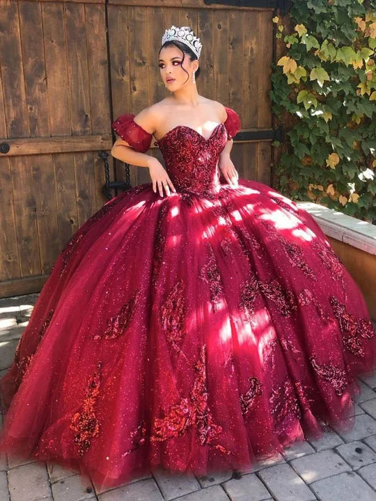 Markdowns Burgundy off shoulder tulle lace long prom dress sweet 16 dress,DS4603