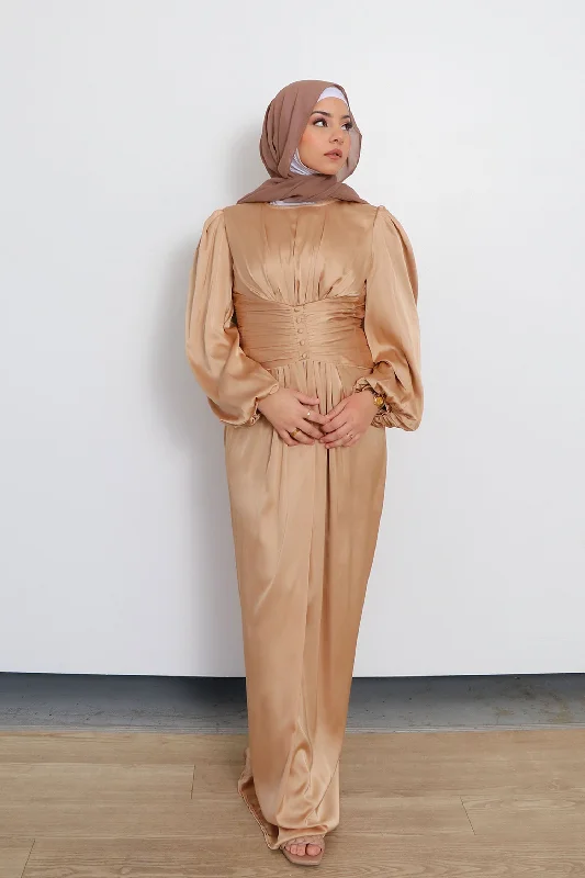 Get It Before It’s Gone Cara Folds Satin Dress- champagne