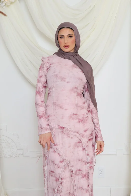 Special Savings Daisy Mesh Print Ruffle Maxi Dress- Mauve