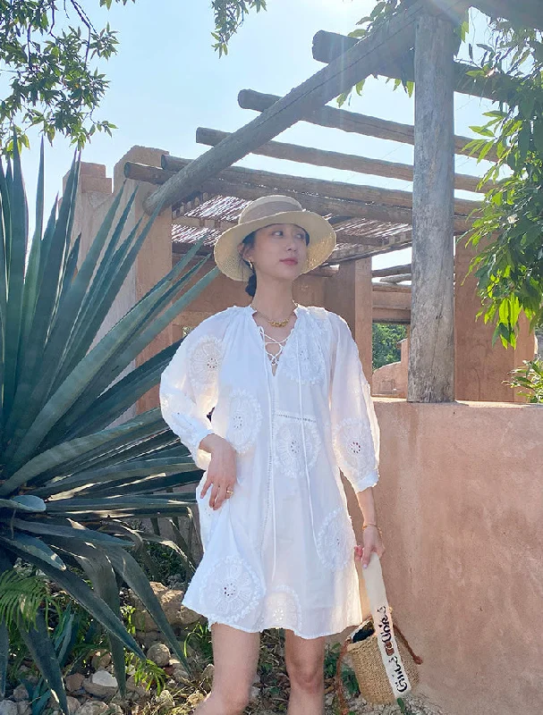 Early Access Summer New Fashion Temperament Slim V-neck Long Sleeve Embroidery  Dress