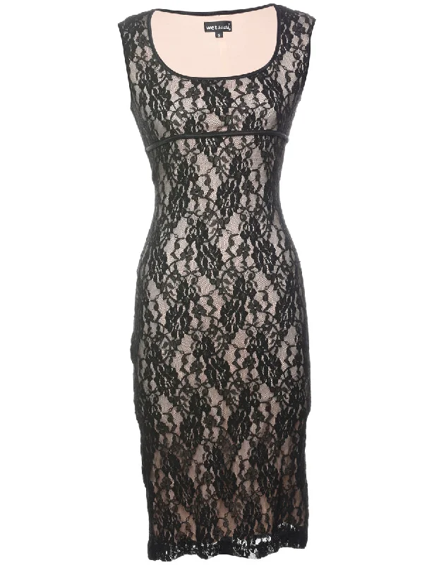 Black Classic Floral Lace Y2K Evening Dress  - S