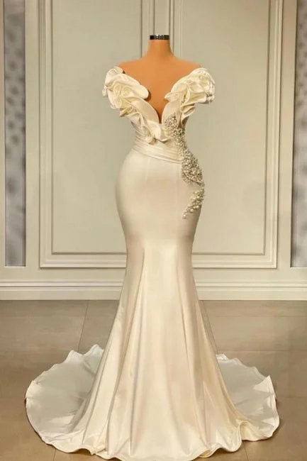 Closeout Designer White Long Pearl Ruffle Evening Dresses,F04826