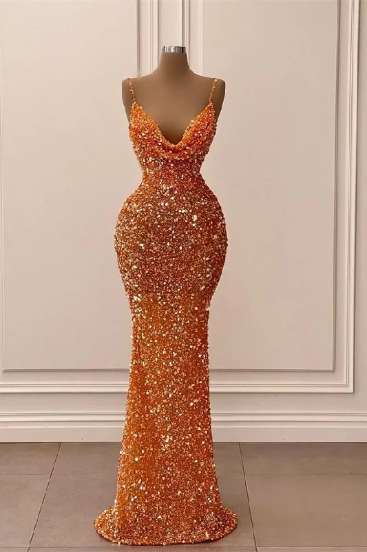 mini dressGorgeous Orange Spaghetti-Straps V-Neck Evening Dress Sequins Mermaid Sleeveles,DS4599