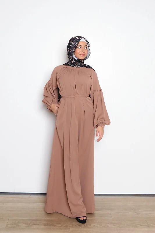 Deal Mania Deluxe Soft Balloon Sleeve Dress- Tan