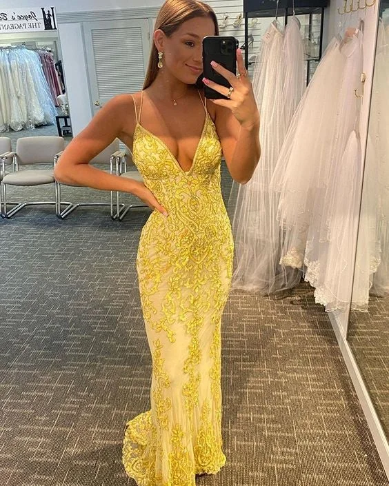 off-the-shoulder dressYellow Spaghetti Straps Lace Mermaid Prom Dress,DS4151