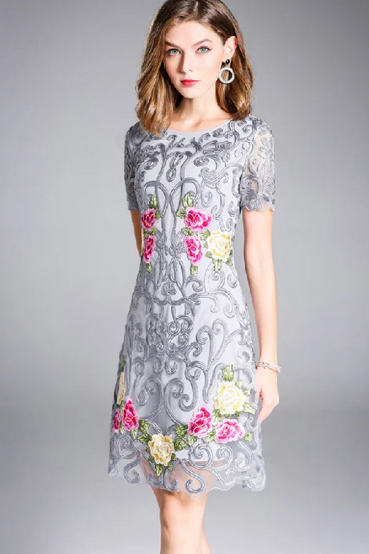 Mega Sale Short Sleeve Applique Embroidered Midi Dress