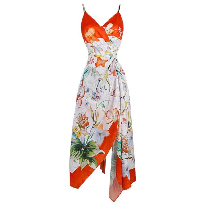 Daily Deals Aviva on Earth -Spaghetti Strap Deep V-Neck Asymmetrical Dress