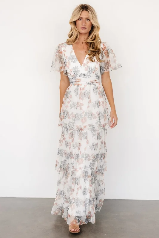 boho dressElinor Tiered Tulle Dress | Off White + Peach Floral