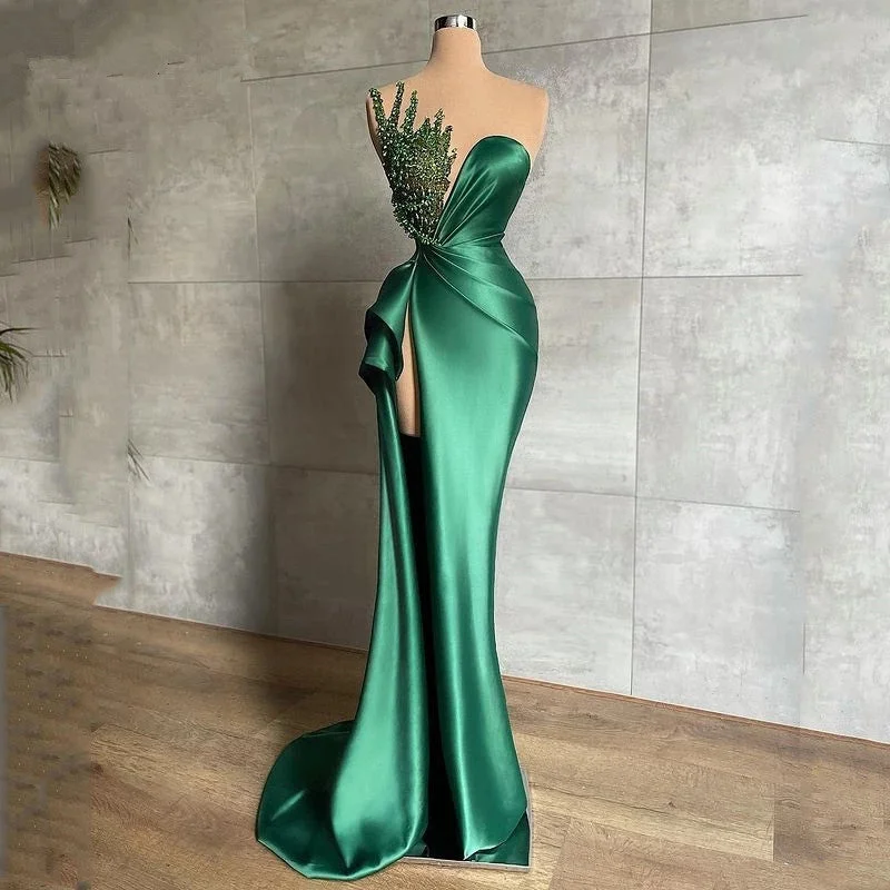 lace-up dressGreen Pageant Dresses Long Evening Gowns with Slit,DS14005