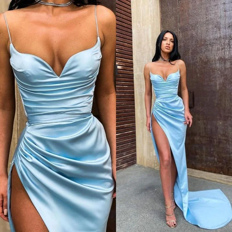 Lowest Prices SEXY SKY BLUE SPAGHETTI-STRAPS MERMAID PROM DRESS WITH SLIT PARTY GOWNS,DS3525