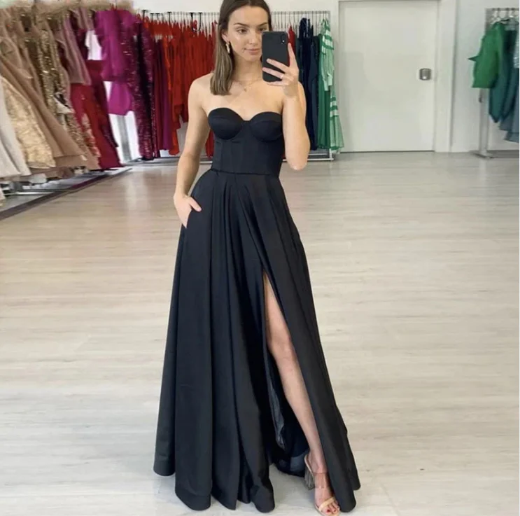 Epic Deals Floor Length Satin Ruched Long Prom Dresses Sweetheart Sexy Bride Formal Party Evening Gowns Side Split Black Robe De Soiree,LW027