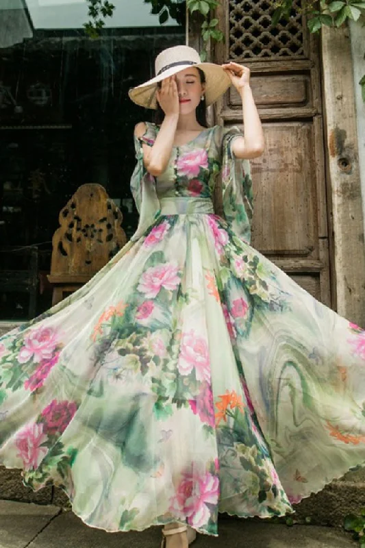 Savings Bonanza SLEEVE SIDE SLIT FLORAL MAXI DRESS