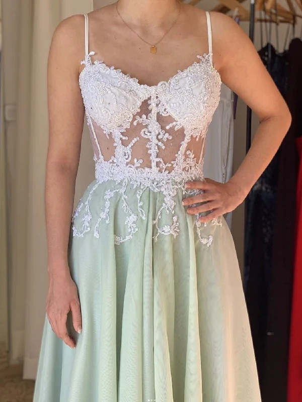 Today’s Deal GREEN A LINE CHIFFON LACE LONG PROM DRESS, GREEN EVENING DRESS,F04837