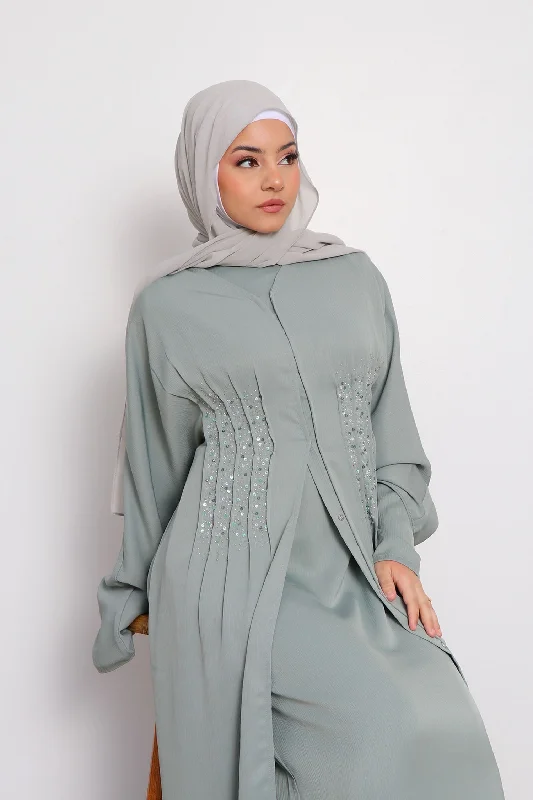Exclusive Access Aaira Textured Beaded Open Abaya- Mint