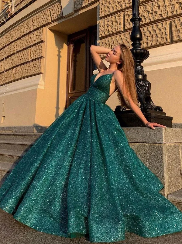 Big Discounts GREEN V NECK SEQUIN LONG PROM DRESS, GREEN FORMAL DRESS,F04762