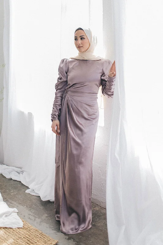 Online Only Amelia Wrap Satin Dress- Lavendar