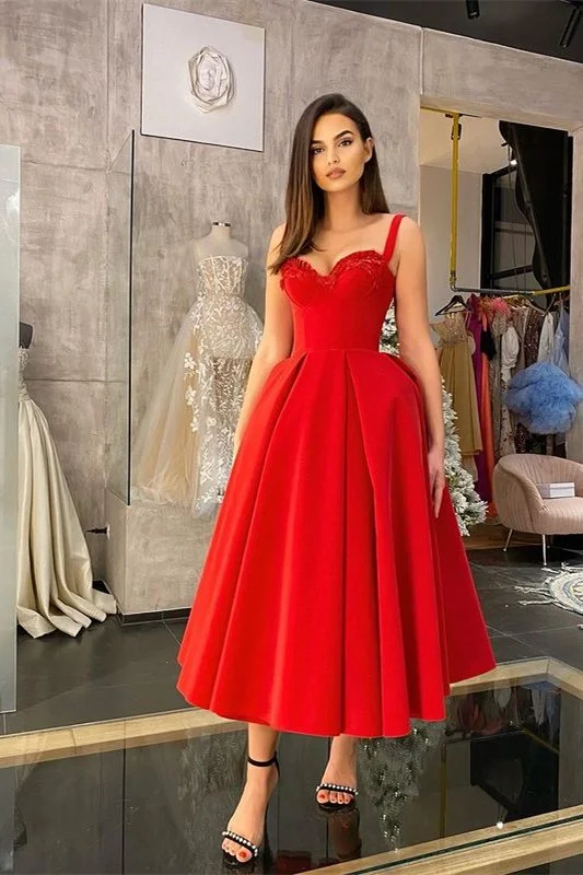 Price Smash Classic Red Straps Prom Dress Tea-Length Sweetheart With Sequins,DS4650