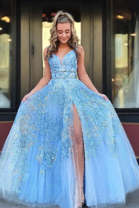 YEAR-End Sale Elegant A Line Lace Appliques Blue V Neck Prom Dresses, Long Evening Dresses,DS4478 YEAR-End Sale Elegant A Line Lace Appliques Blue V Neck Prom Dresses, Long Evening Dresses,DS4478