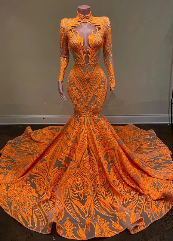 Savings Galore Fabulous Orange Halter Appliques Lace Long Sleeve Mermaid Prom Dresses,F04787
