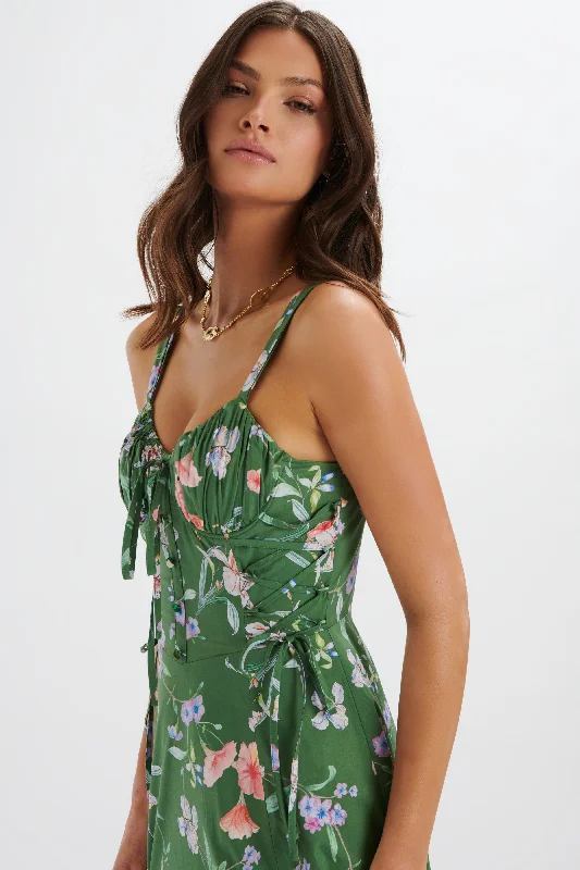 evening dressROSEY Gathered Longline Dress in Green Floral Print