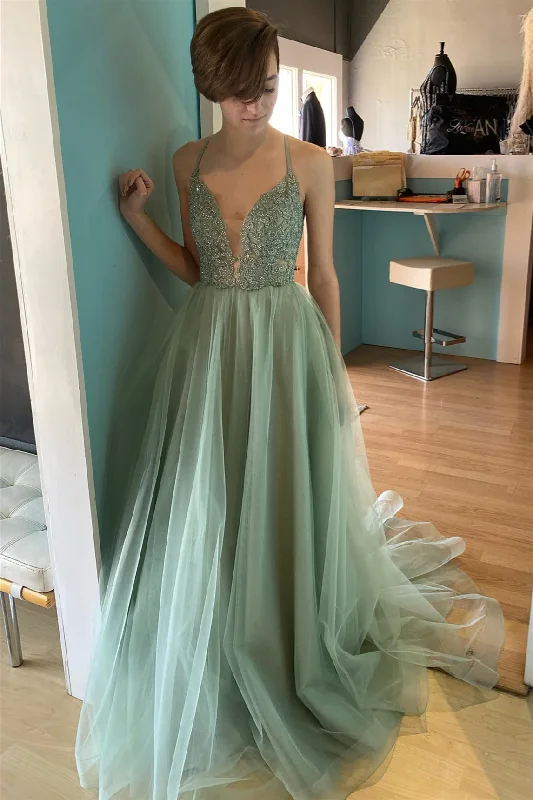 ruched dressDusty Sage Deep V Neck Appliques Lace-Up Tulle Long Prom Dress,DP018