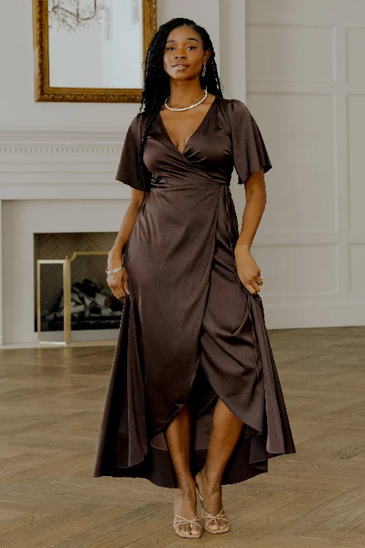 casual shift dressVara Satin Maxi Wrap Dress | Espresso