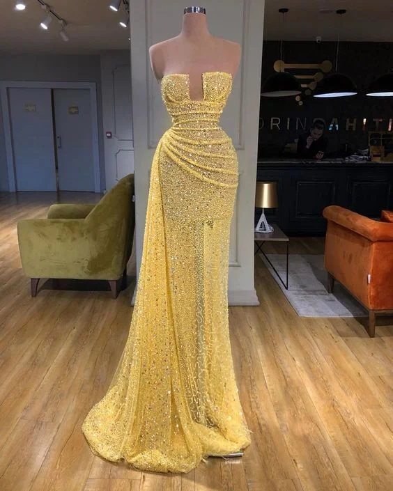 off-the-shoulder dressyellow evening dresses long high neck sparkly feather luxury bling evening gown formal dress Long Prom Dress ,DS5032