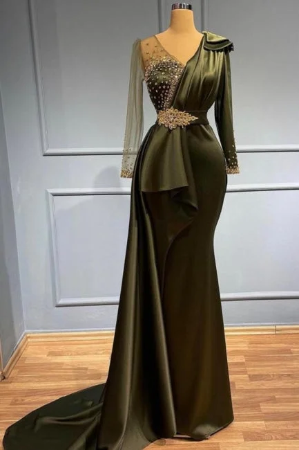 Steals and Deals Classy V-neck Long Sleeves Beading Mermaid Prom Dress With Side Train,F04795