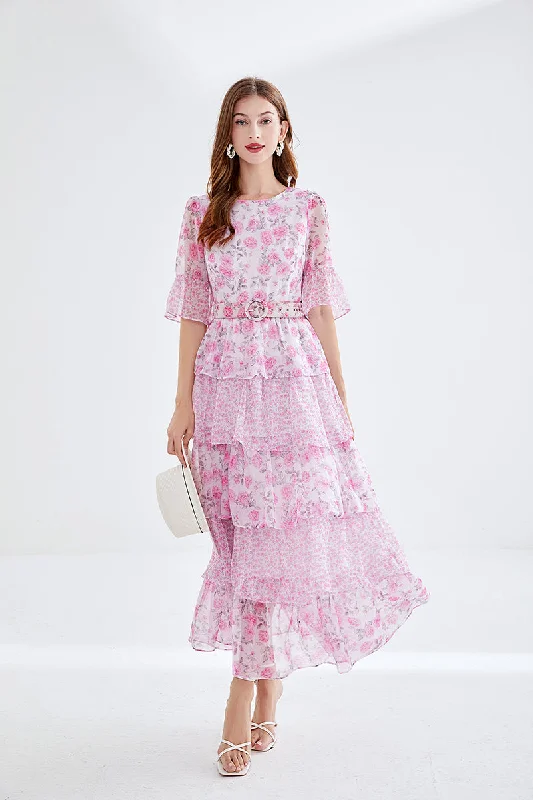 Exclusive Savings European and American high-end printed trumpet sleeves 5-layer cake dress