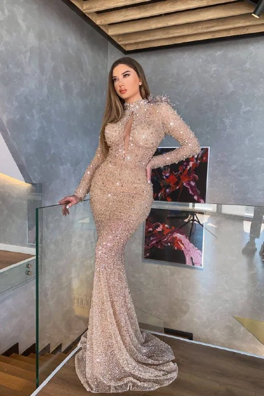Quick Sale Gorgeous Long Sleeves High Neck Prom Dress Keyhole Mermaid With Sequins Beads,F04849