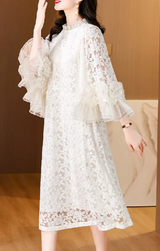 Don’t Miss Out Round neck lace jacquard custom beaded trumpet sleeve dress for women