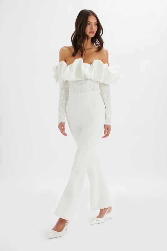 formal dressTALLULAH 3D Embroidered Satin Puff Jumpsuit in White