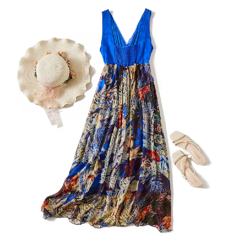 Lowest Prices Sexy Backless Silk Printed Sling  V neck Dress