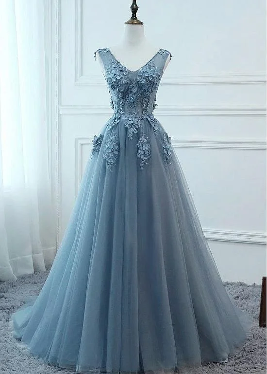 Price Drop Showy Tulle V-neck Neckline Floor-length A-line Prom Dresses With Lace Appliuqes & Beaded 3D Flowers & Belt,DS4052