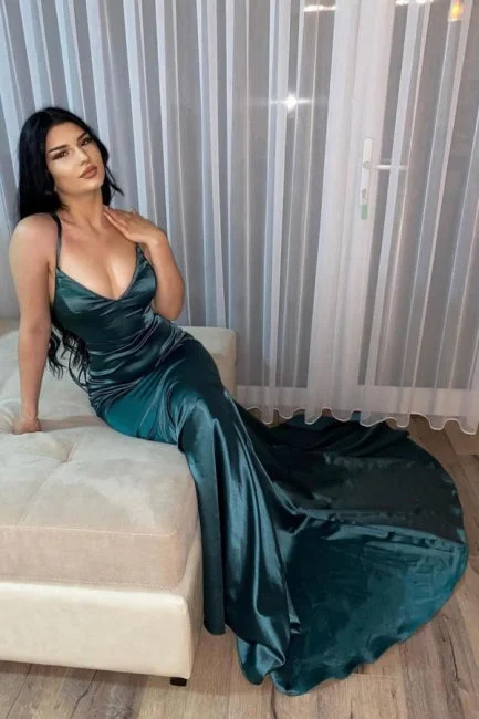 Limited Edition Dark Green Simple V-neck Long Mermaid Prom Dresses,F04805
