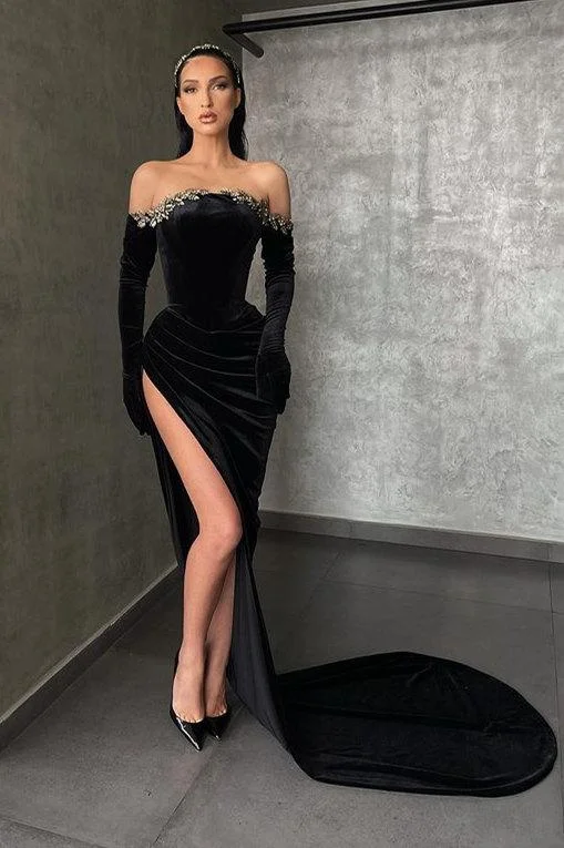 Can't Be Beat BLACK HIGH-SPLIT VELVET OFF-THE-SHOULDER MERMAID PROM DRESS,DS3515