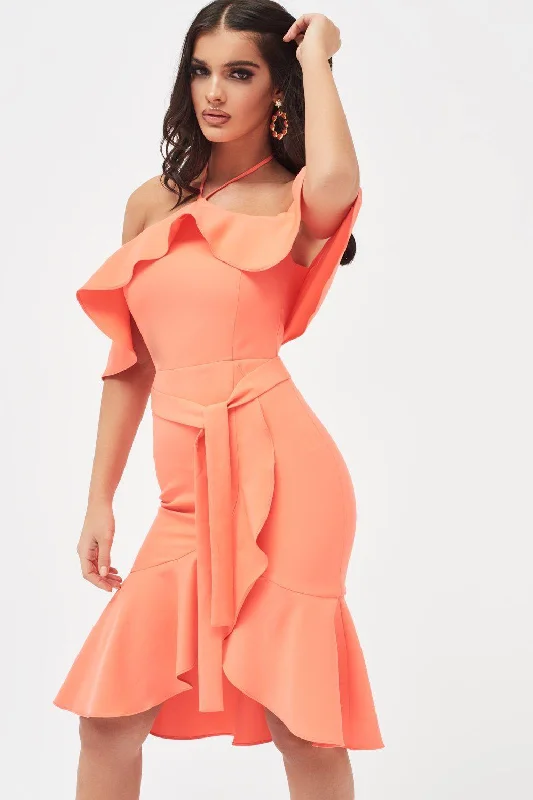 sleeveless dressPAISLEY Bardot Frill Halterneck Midi Dress in Neon Coral