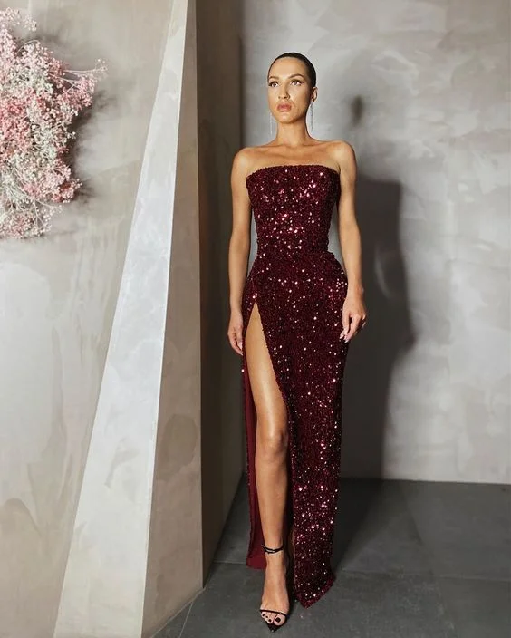 Shop and Save Burgundy Sequined Strapless Evening Prom Dresses ,DS4071