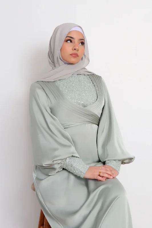 YEAR-End Sale Lydia VIP Luxury Pearl Satin Dress- Mint Gray