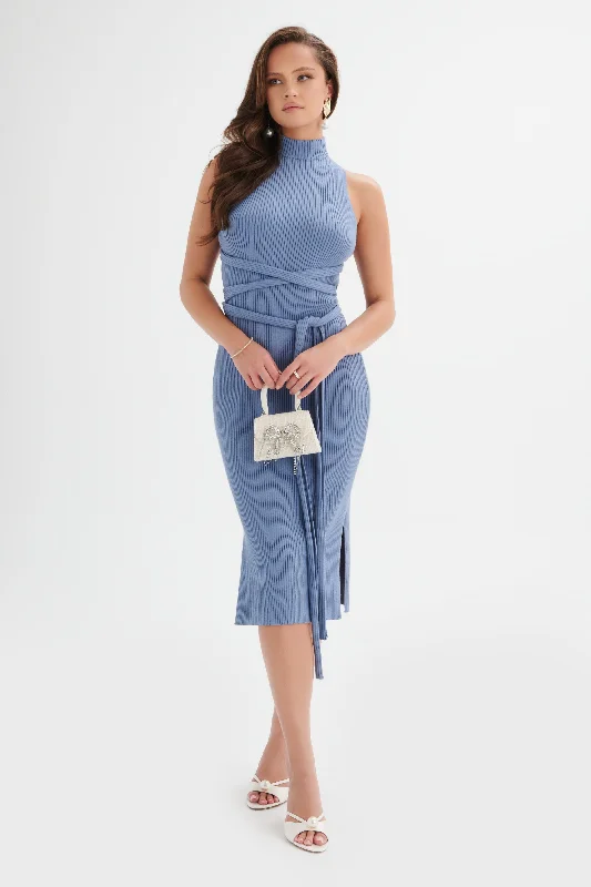 ruffle dressGIGI Knitted Ribbed Open Back Midi Dress In Cornflower Blue