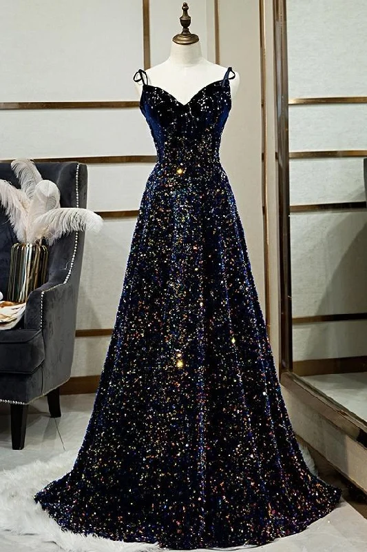 Exclusive Savings DARK BLUE SEQUIN A LINE SPAGHETTI STRAPS BLING BLING PROM DRESS,DS2947