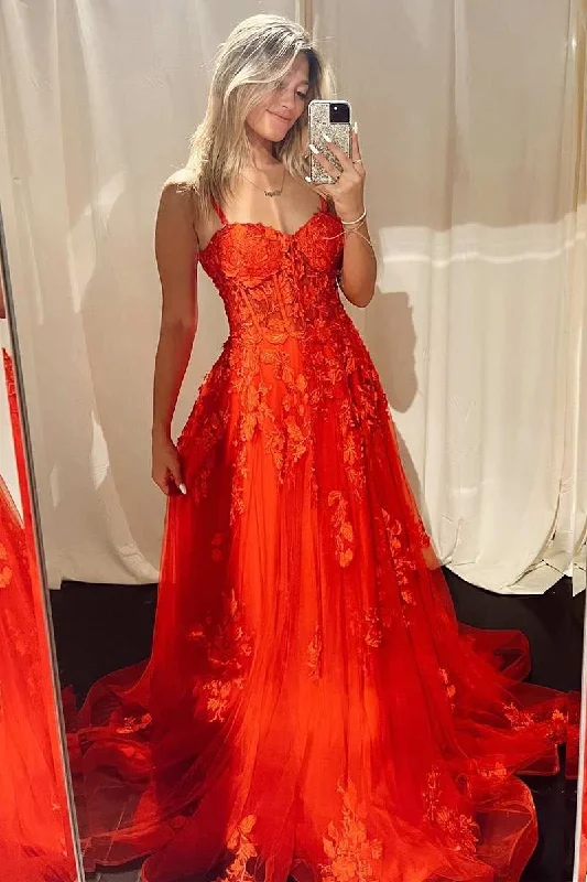 spaghetti strap dressRed Appliques Sweetheart A-Line Prom Gown,DP054