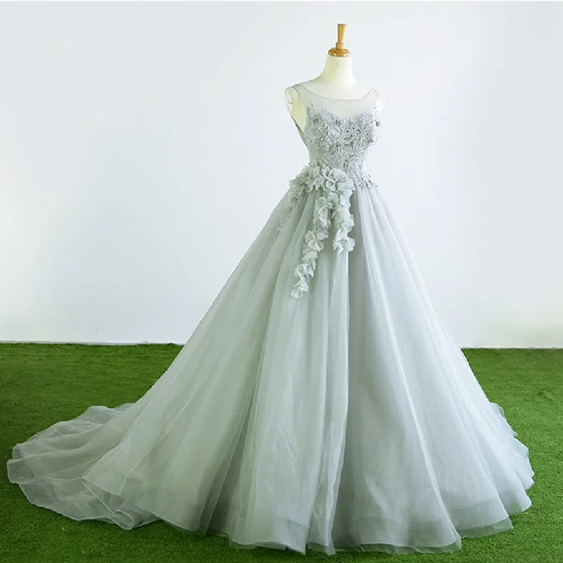 Bonus Savings Gray Tulle Court Train Formal Long Prom Dress With Flowers.DS3040