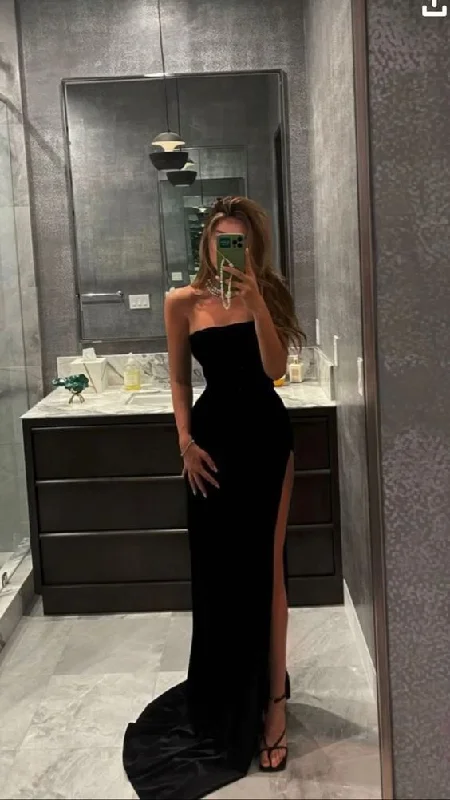 TIME-Limited Offer Simple Black Prom Dress With High Split,DS3993