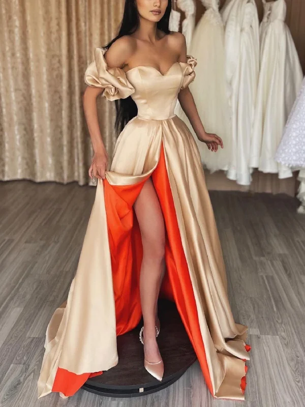 Year-End Sale CHAMPAGNE SWEETHEART NECK SATIN LONG PROM DRESS, UNIQUE EVENING DRESS,F04741