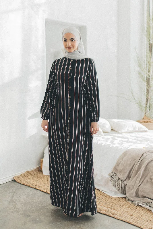 Bonus Savings Maya Stripe Shirred Dress- Black