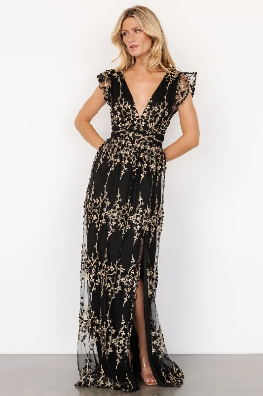 denim dressEva Embroidered Maxi Dress | Black + Gold