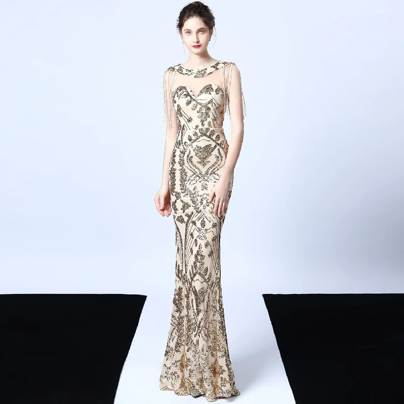 Extra Savings Tassel Sleeve Sequin Long Mermaid Dress